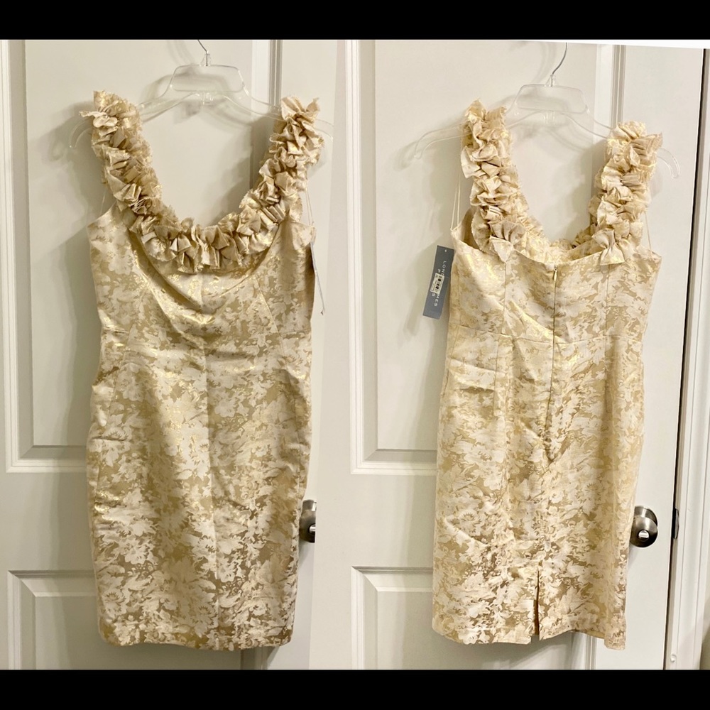 London Times gold and cream ruffle cocktail dress.